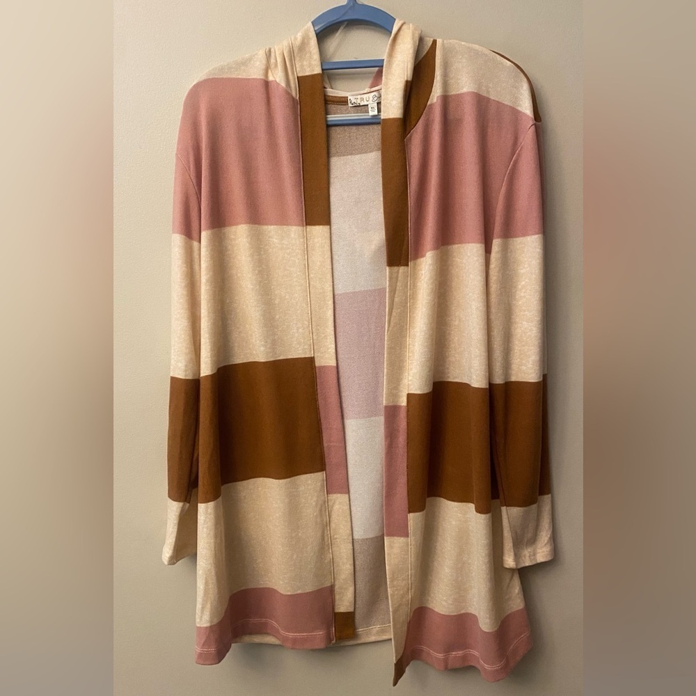 Tru Self Striped Pink Cream and Brown Women's open front long cardigan